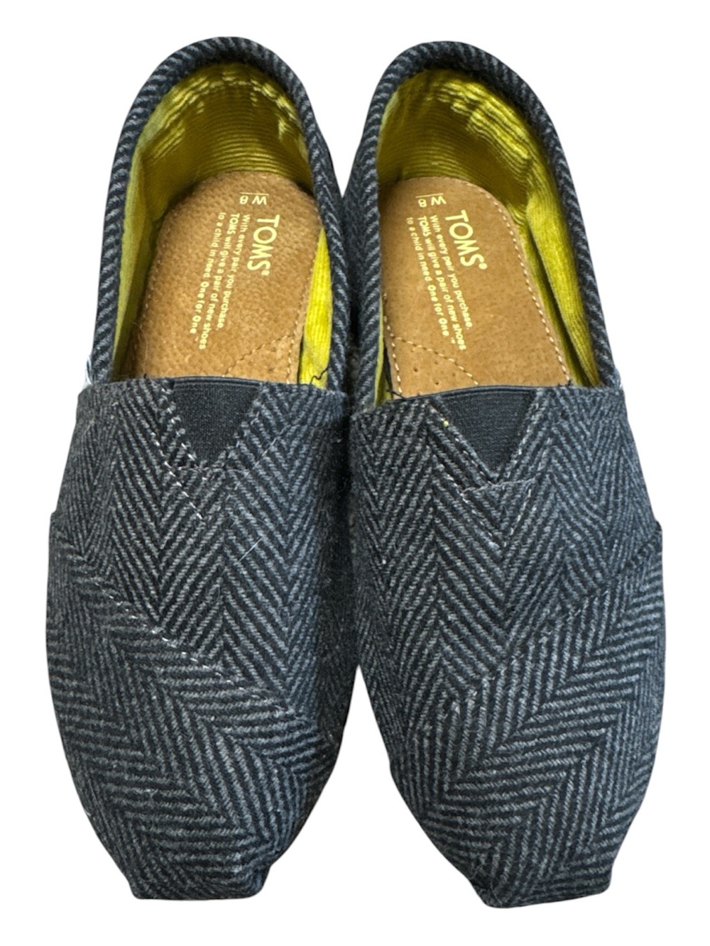Toms Women’s Gray Herringbone Slip-On Flats with Yellow Lining - Picture 2 of 5